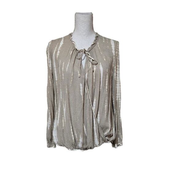 Knox Rose Tie Dye Top Size Medium Tan Faux Wrap Bohemian Neutral Preppy Peasant - Picture 1 of 9